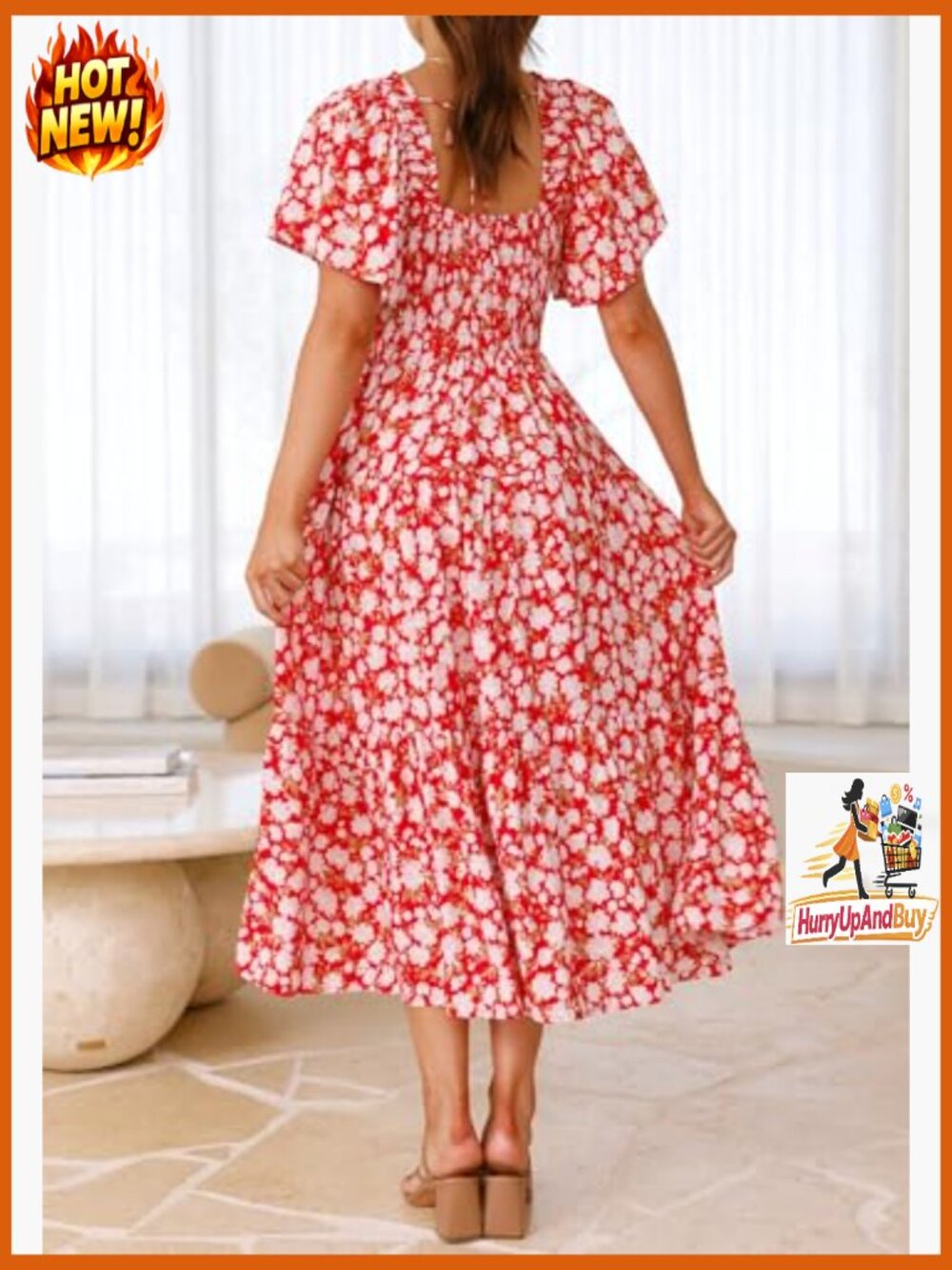 Boho Floral Maxi Dress Smocked Bust Square Neck Short Sleeve Casual Beach - Picture 4 of 7